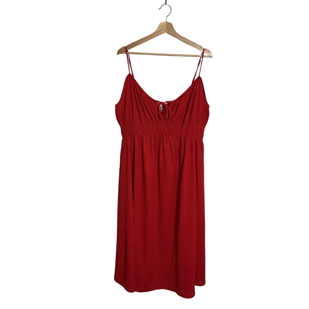 H&M XL Red Crinkle Crepe Smocked Empire Waist Babydoll Midi Sundress Keyhole